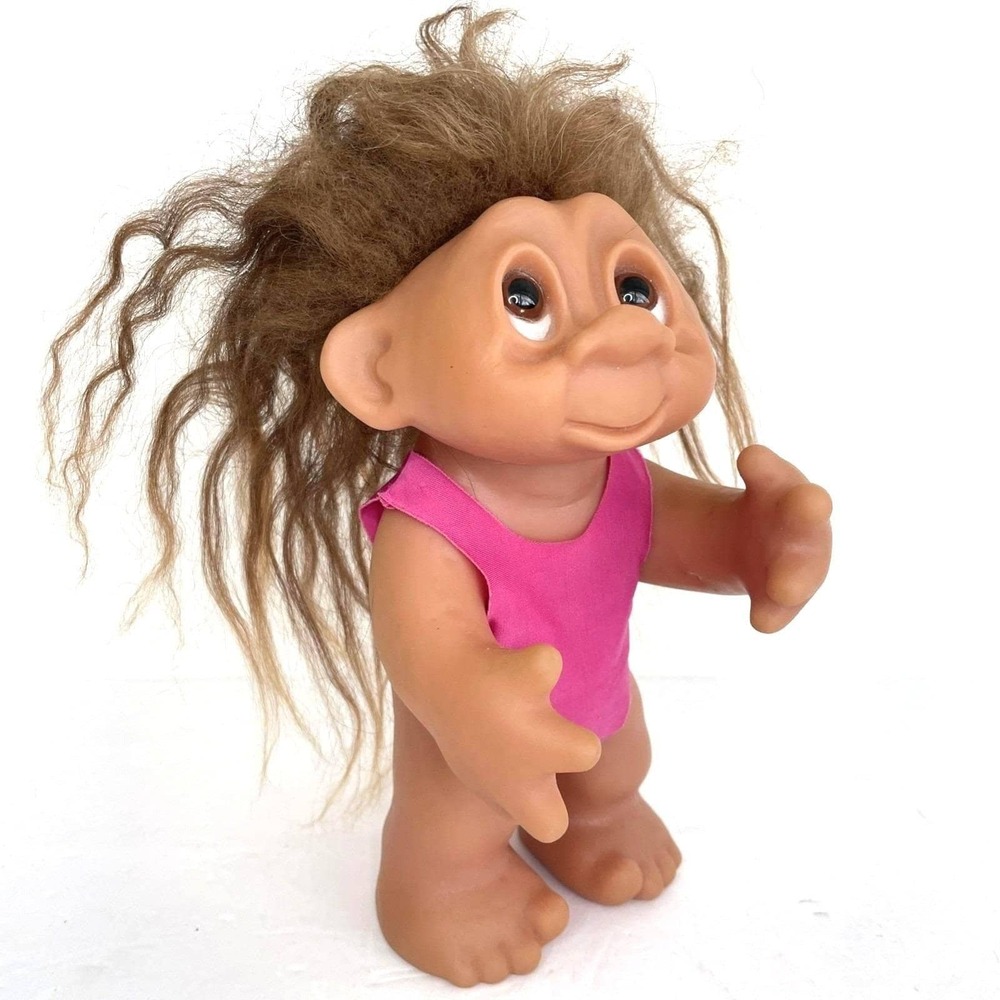 Vintage 1985 Dam Troll Doll Made in Denmark Brown Hair Pink Bodysuit 604
